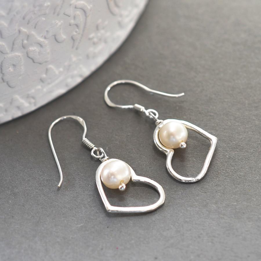 Sterling Silver Dangly Pearl Heart Earrings