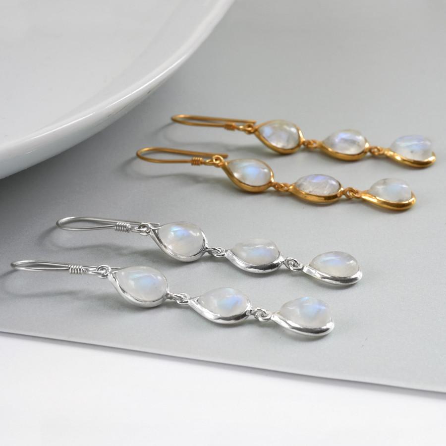 Sterling Silver Triple Moonstone Dangly Teardrops