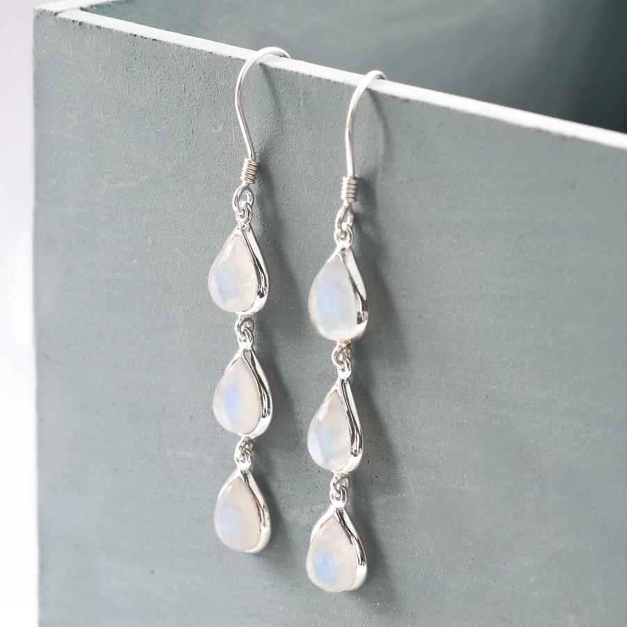 Sterling Silver Triple Moonstone Dangly Teardrops