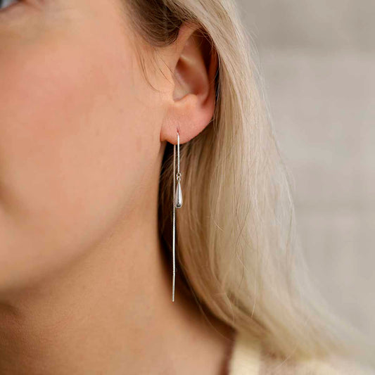 ML791 Sterling Silver Teardrop Threader Earrings Model