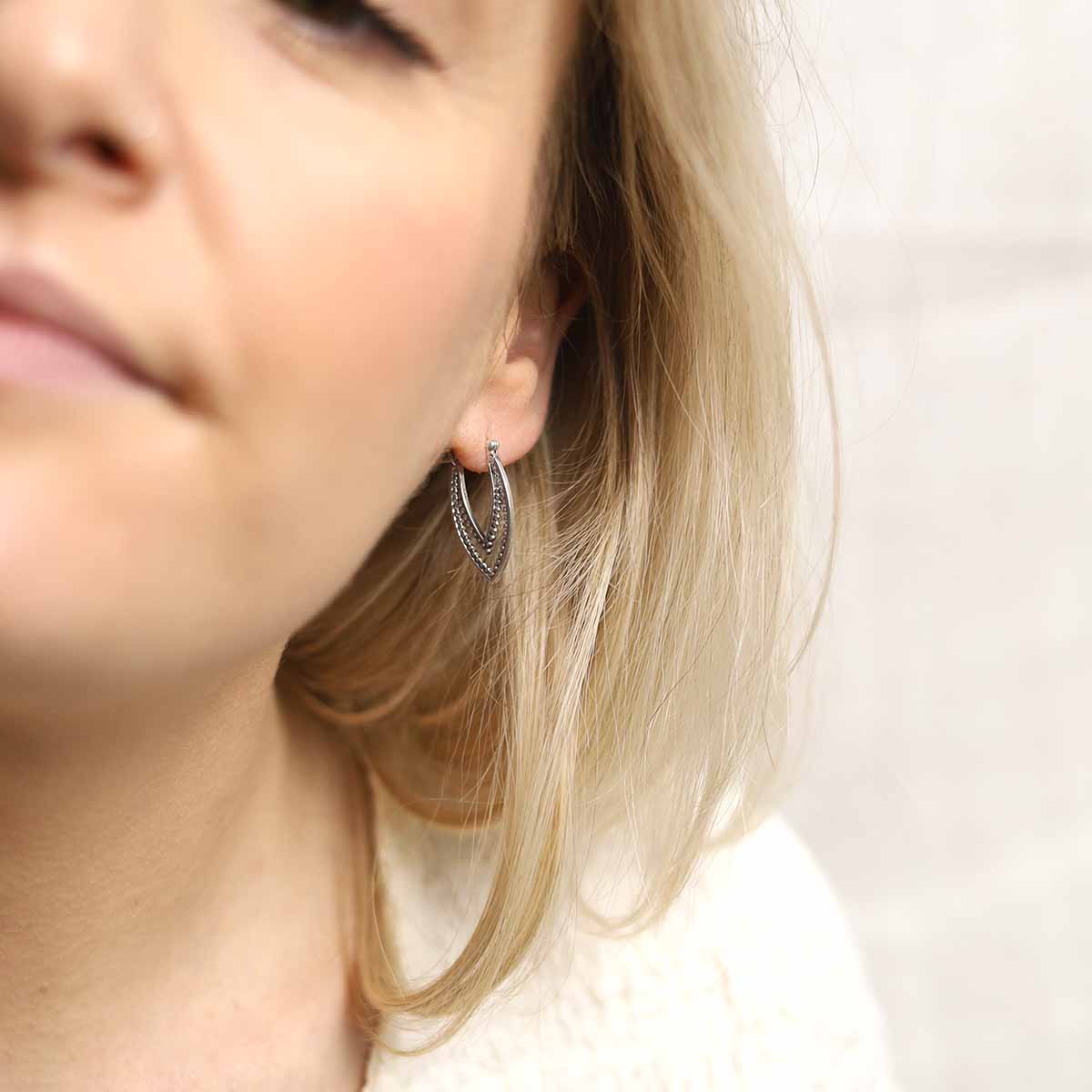 Sterling Silver Beaded Leaf Hoop Earrings