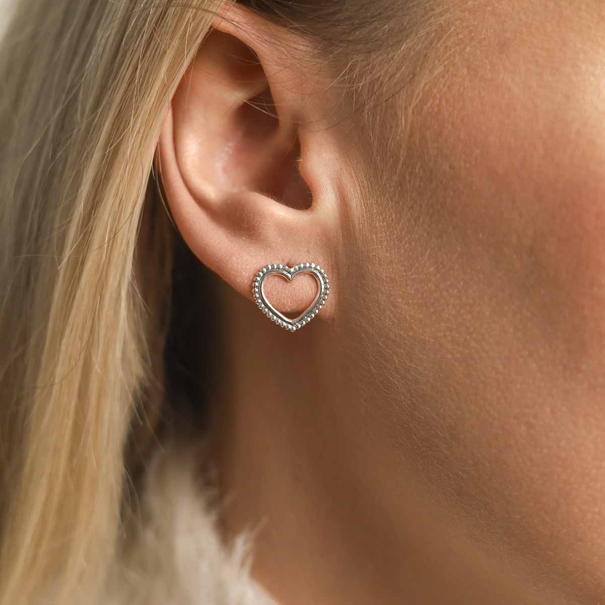 Sterling Silver Beaded Heart Stud Earrings