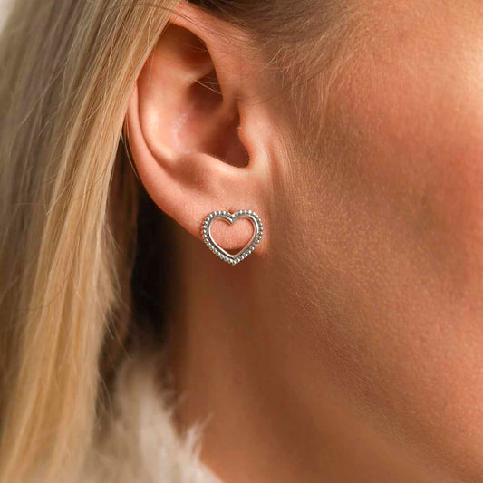 ML776 Sterling Silver Beaded Heart Stud Earrings Model