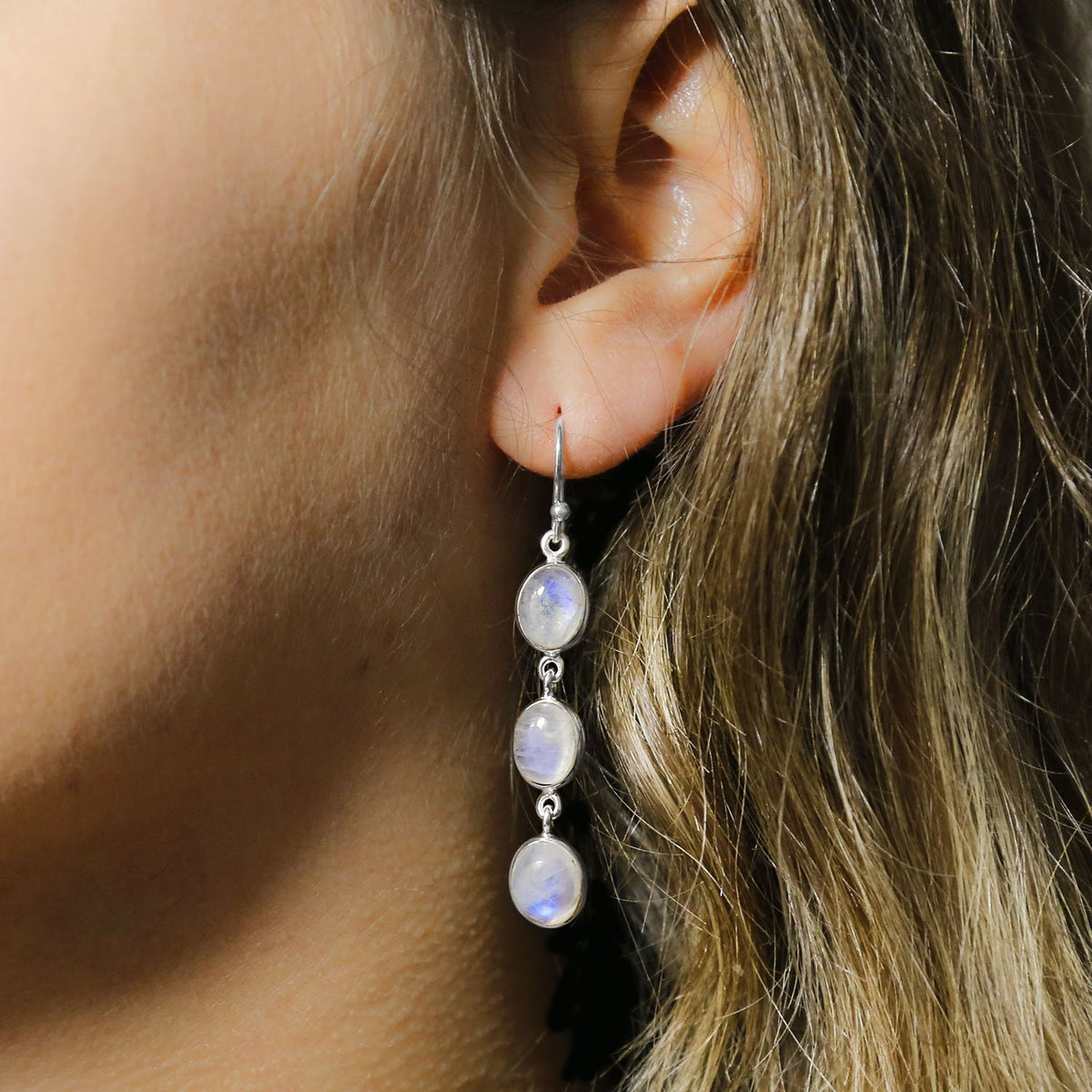 Sterling Silver Triple Moonstone Dangly Oval Earrings