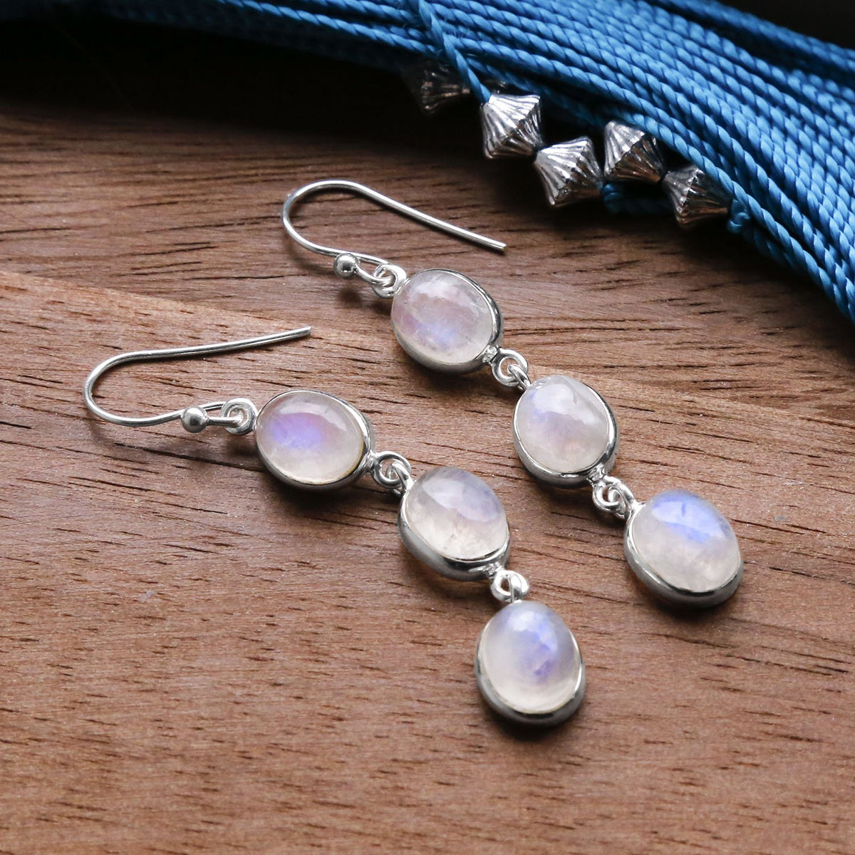 Sterling Silver Triple Moonstone Dangly Oval Earrings