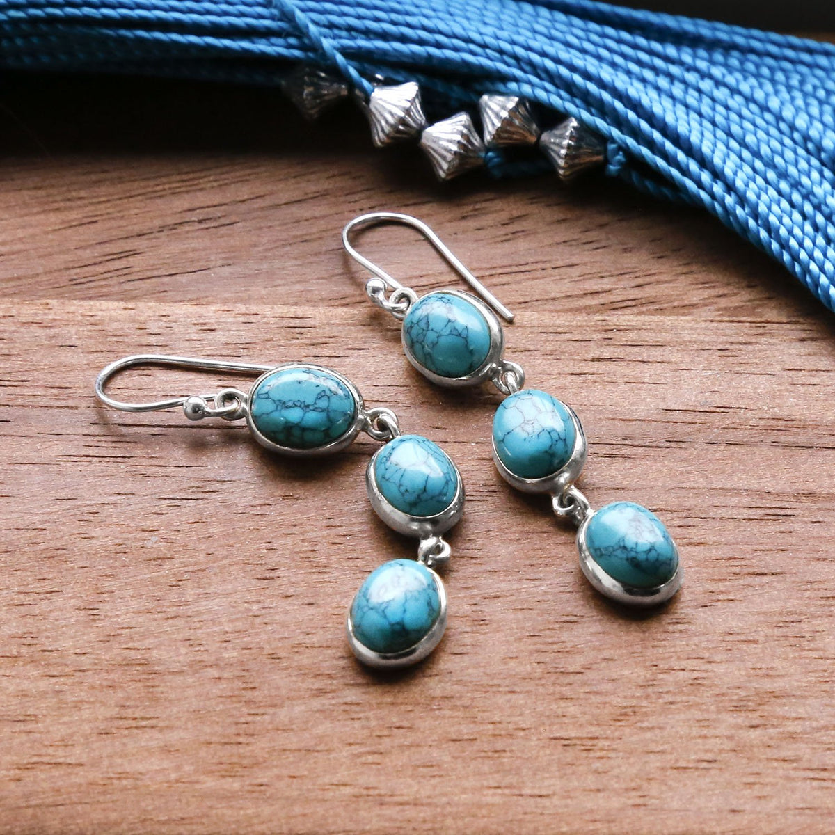 Sterling Silver Triple Turquoise Dangly Oval Earrings