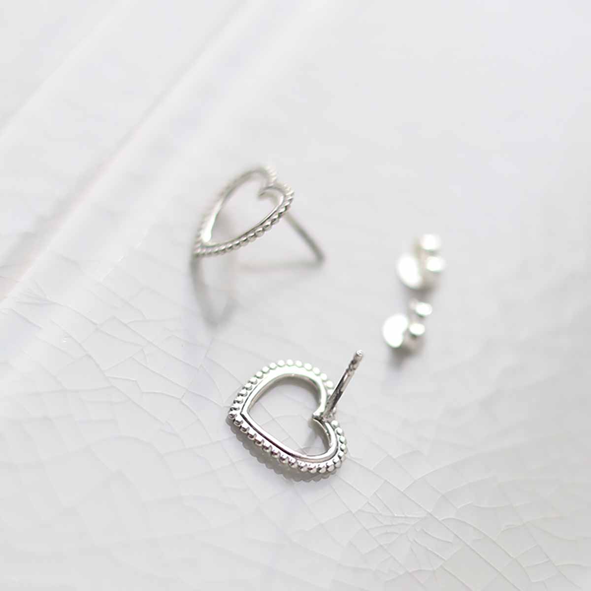 Sterling Silver Beaded Heart Stud Earrings