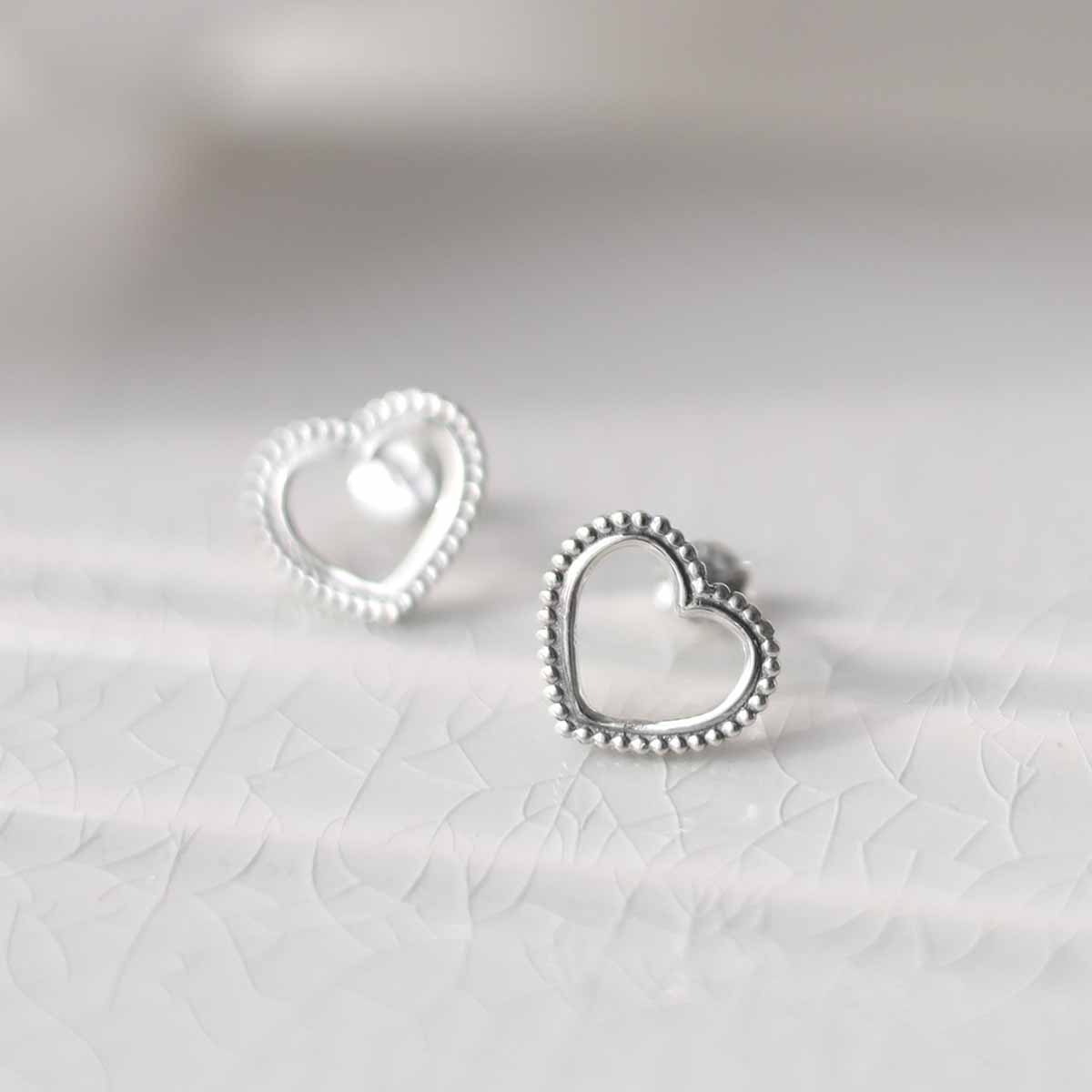 Sterling Silver Beaded Heart Stud Earrings