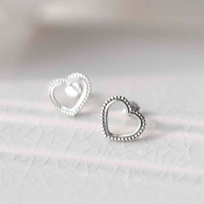 ML776 Sterling Silver Beaded Heart Stud Earrings 1