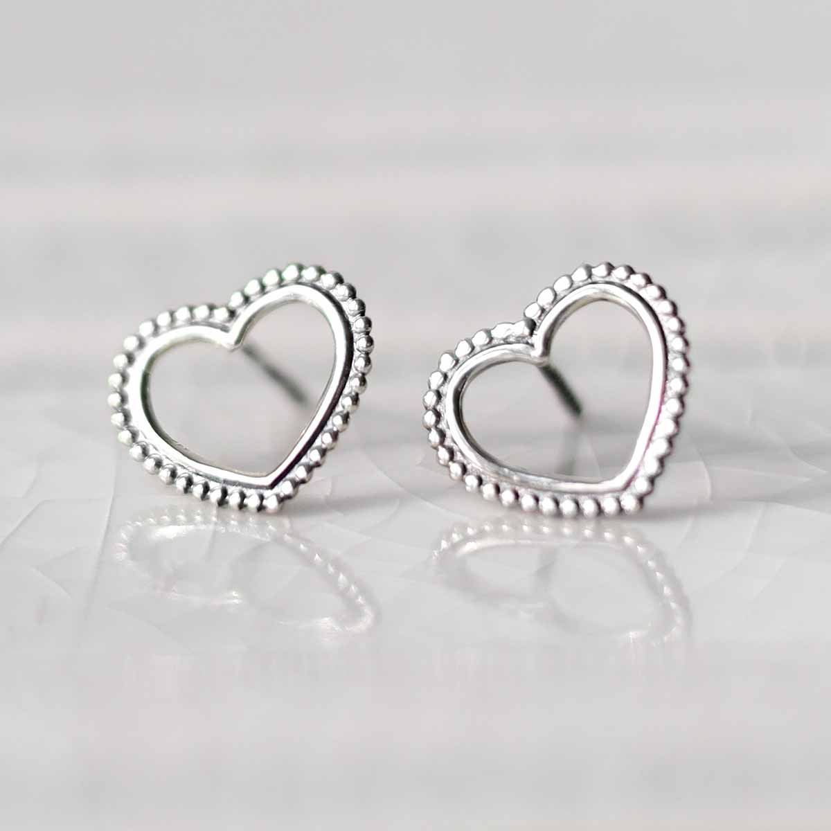 Sterling Silver Beaded Heart Stud Earrings
