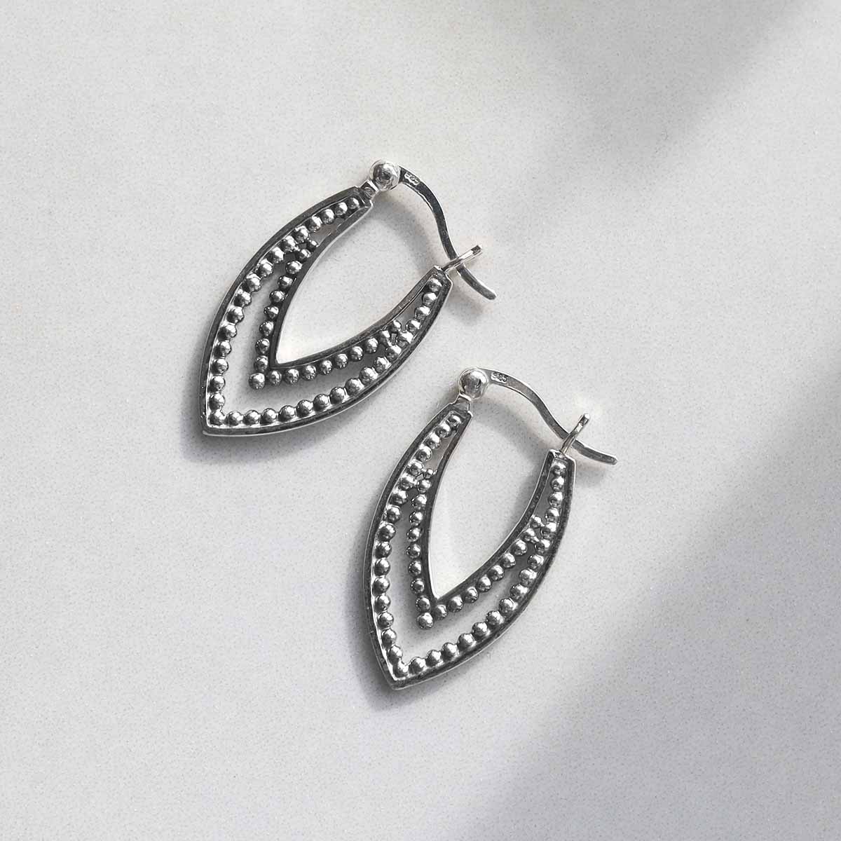 Sterling Silver Beaded Leaf Hoop Earrings