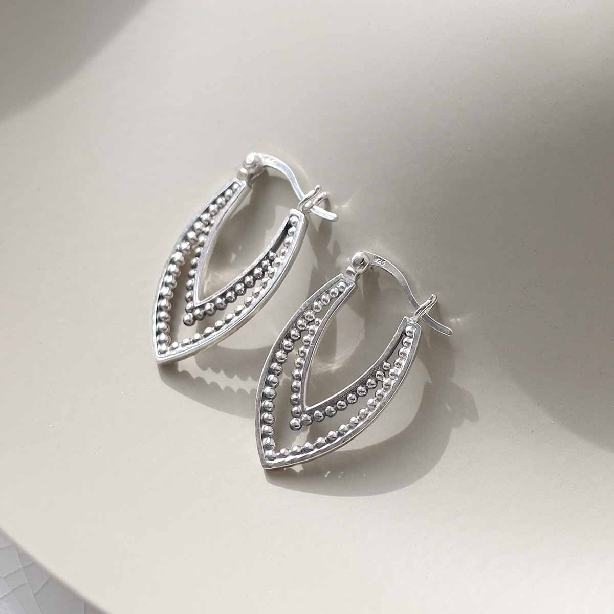 Sterling Silver Beaded Leaf Hoop Earrings