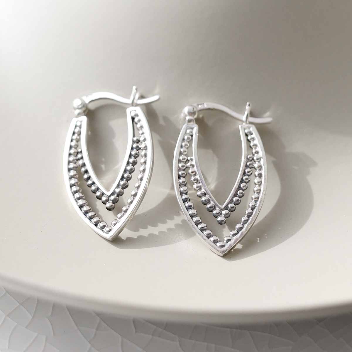 Sterling Silver Beaded Leaf Hoop Earrings