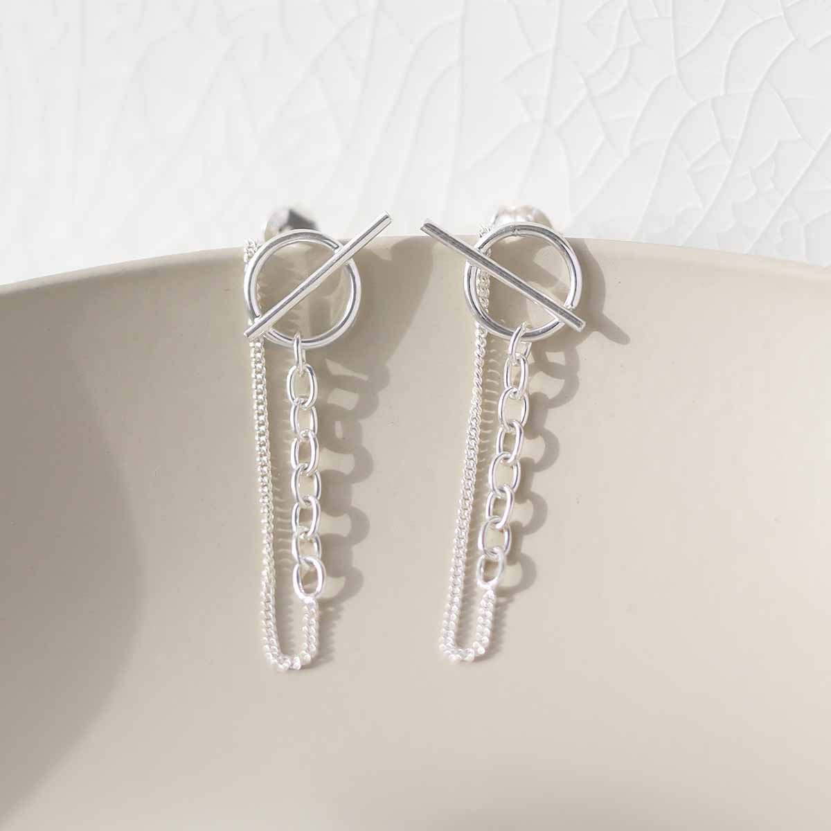 Sterling Silver Circle and Bar Chain Stud Earrings