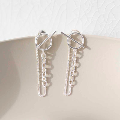 ML803 Sterling Silver Circle and Bar Chain Stud Earrings 4