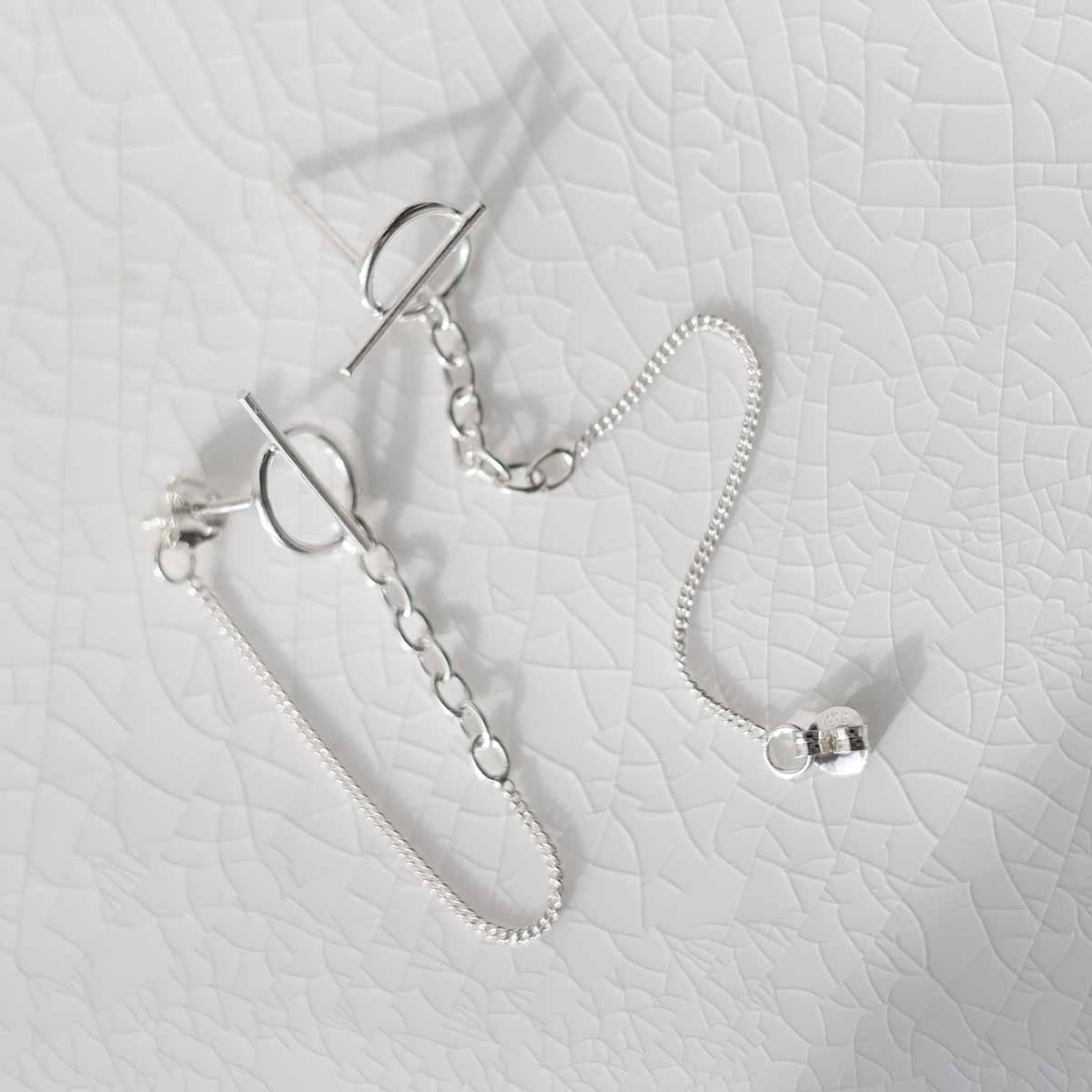 Sterling Silver Circle and Bar Chain Stud Earrings
