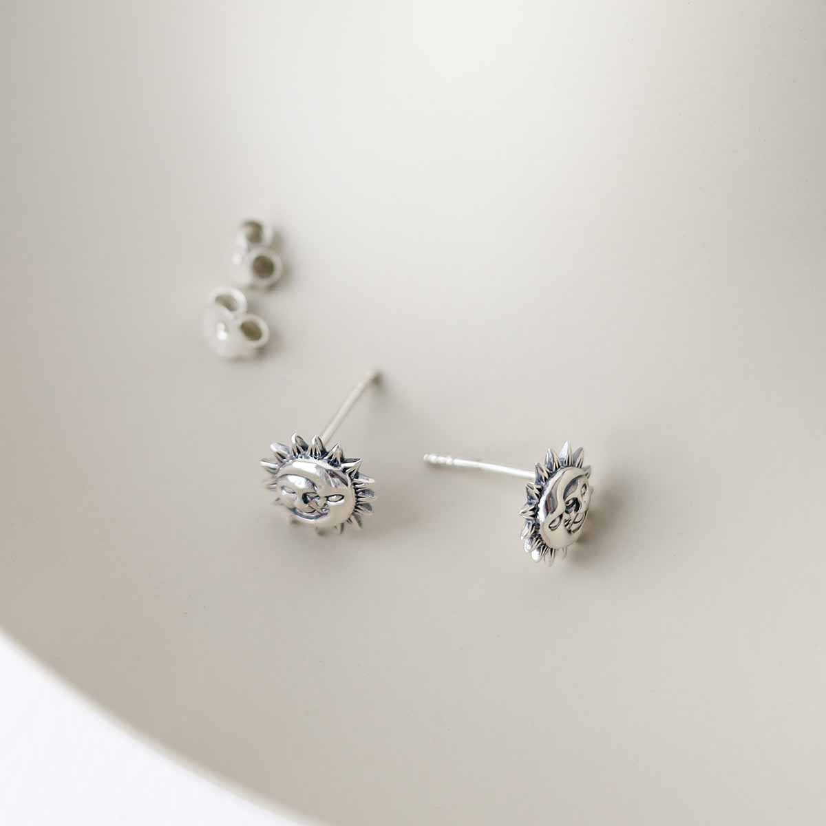 Sterling Silver Sun and Moon Stud Earrings