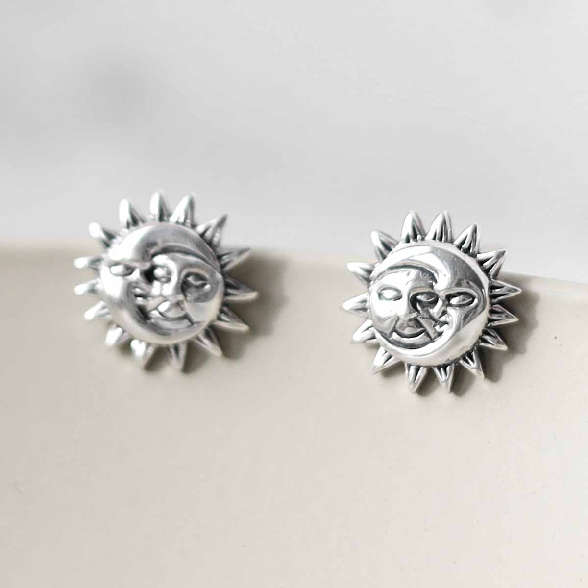 Sterling Silver Sun and Moon Stud Earrings