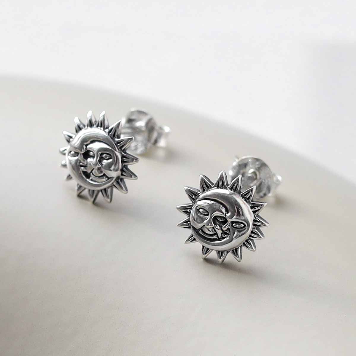 Sterling Silver Sun and Moon Stud Earrings