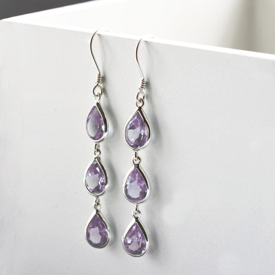 Sterling Silver Triple Amethyst Dangly Teardrop