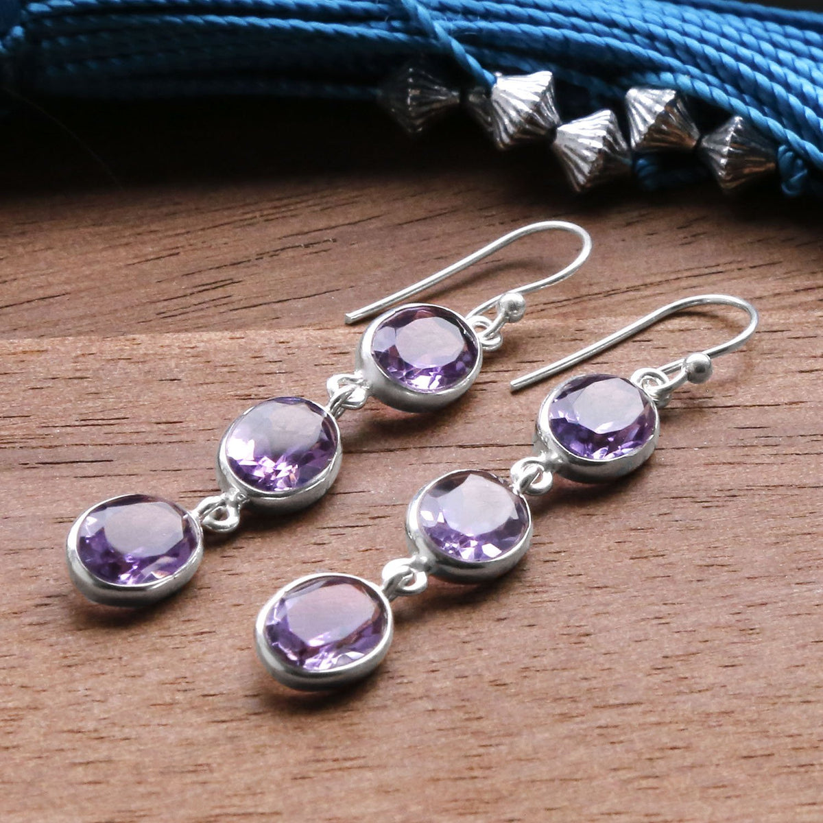 Sterling Silver Triple Amethyst Dangly Oval Earrings