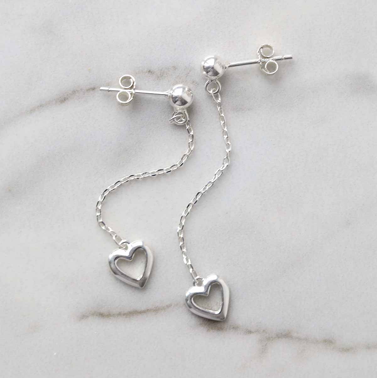Sterling Silver Heart Drop Studs
