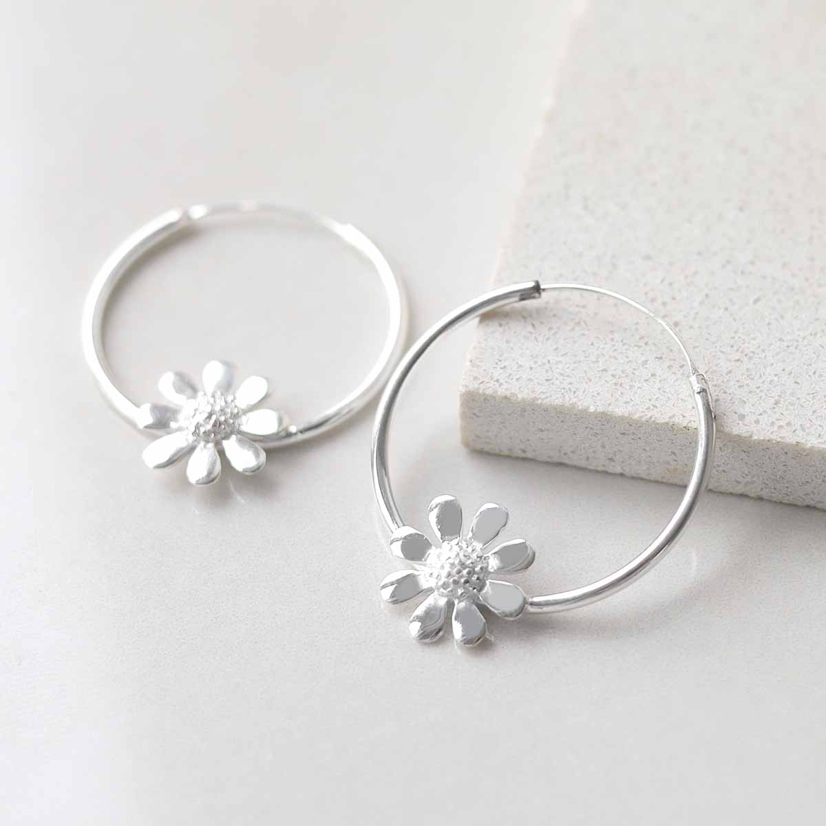 Sterling Silver Daisy Hoop Earrings