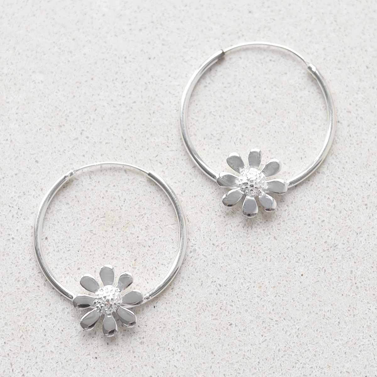 Sterling Silver Daisy Hoop Earrings