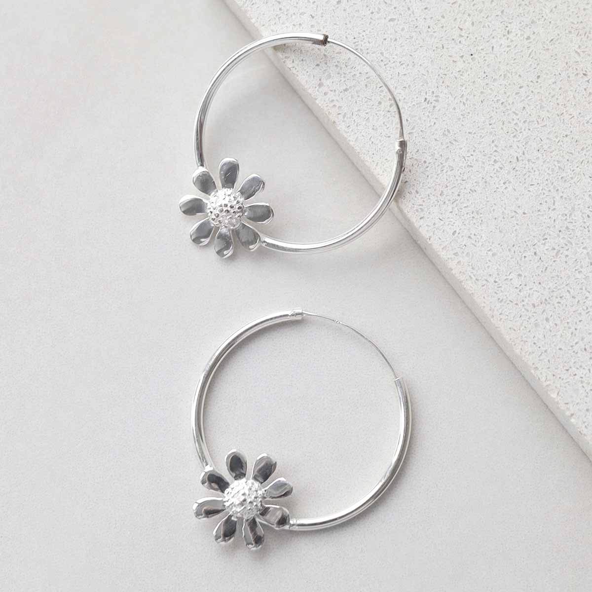 Sterling Silver Daisy Hoop Earrings