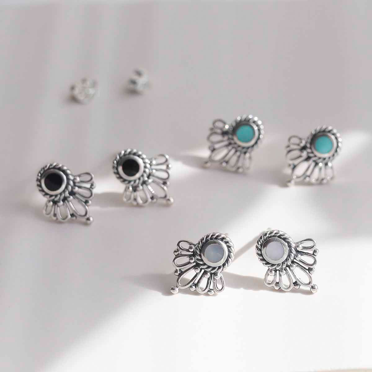 Sterling Silver Ornate Onyx Stud Earrings