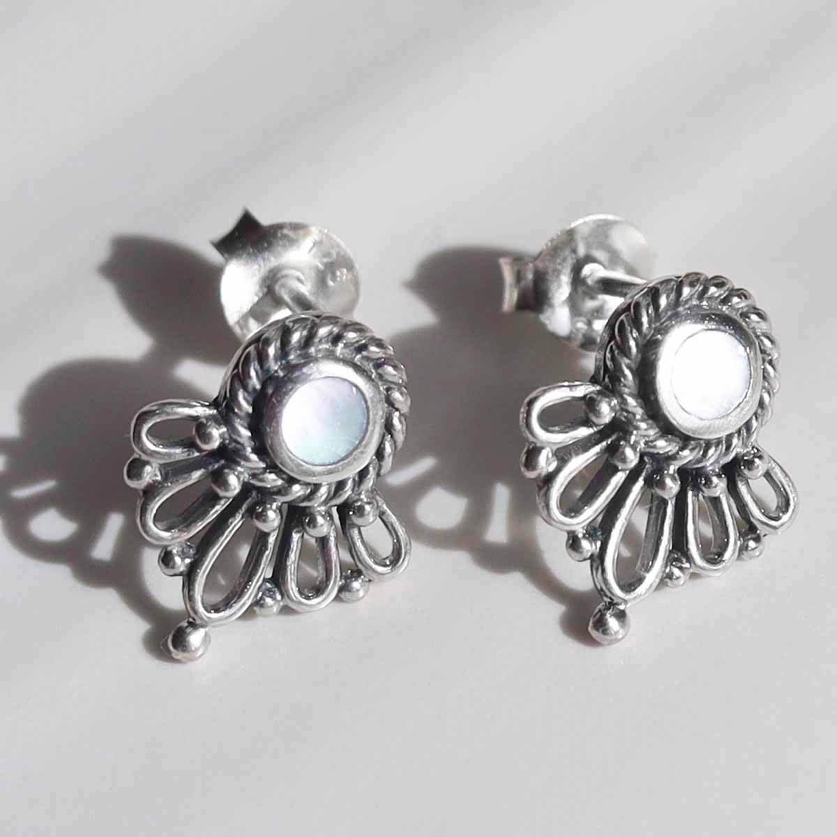 Sterling Silver Ornate Mother of Pearl Stud Earrings