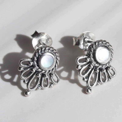 ML780M Sterling Silver Ornate Mother of Pearl Stud Earrings