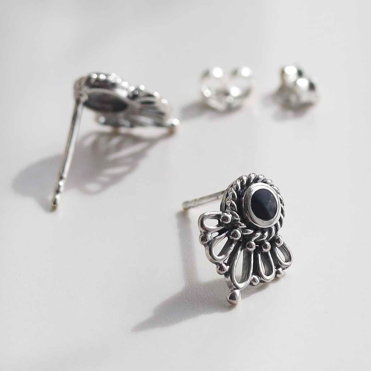 Sterling Silver Ornate Onyx Stud Earrings