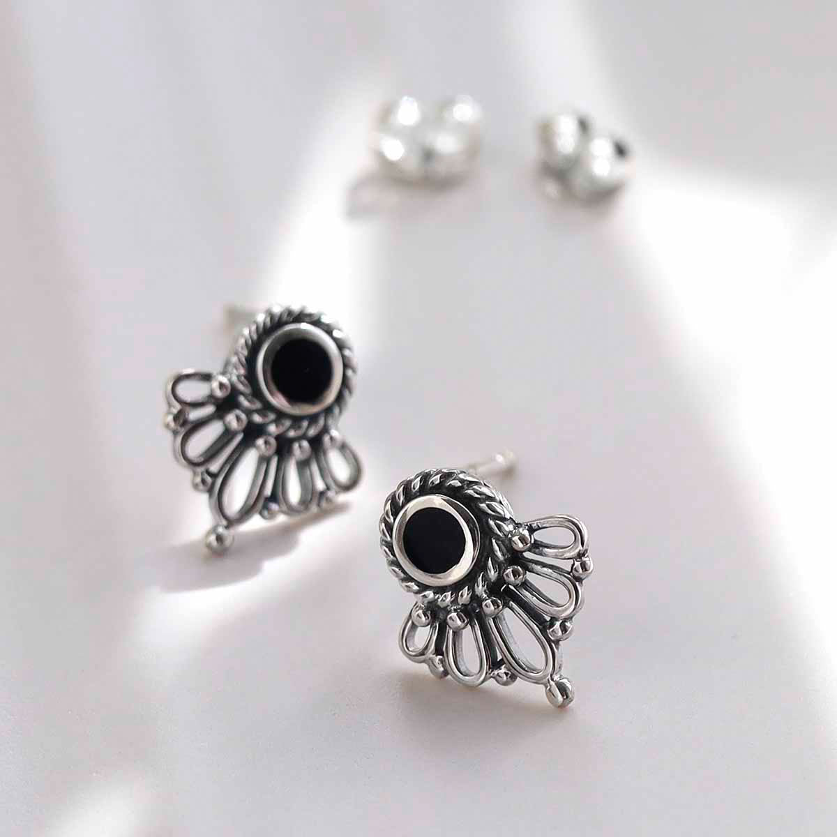 Sterling Silver Ornate Onyx Stud Earrings