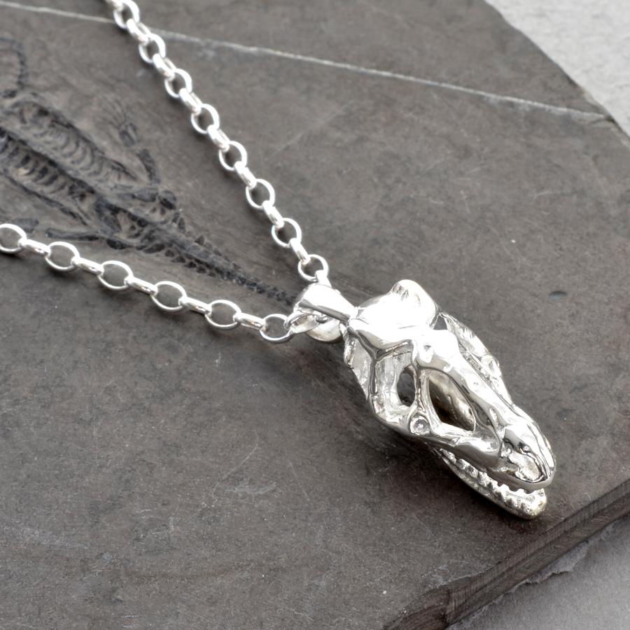 Sterling Silver T-Rex Skull Necklace