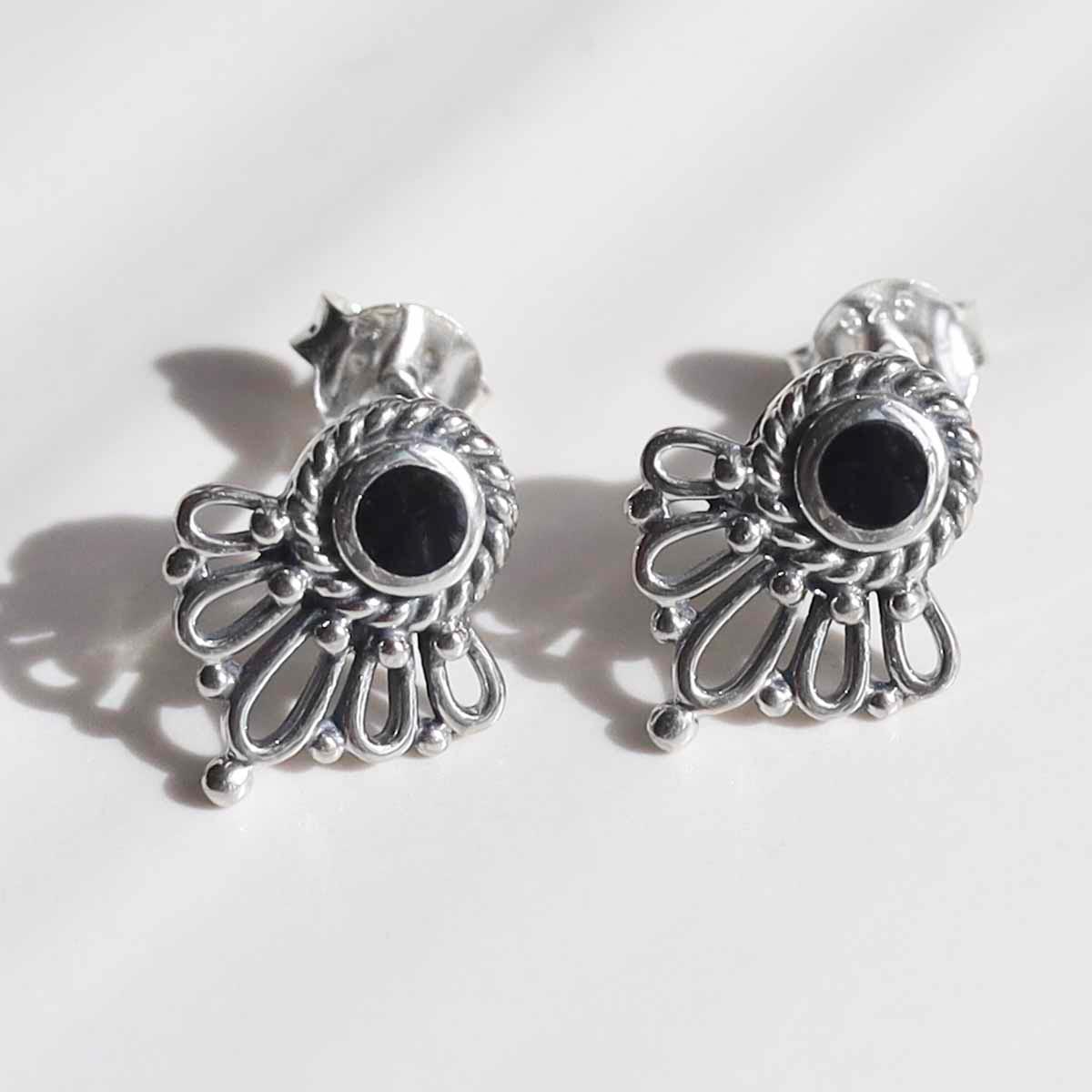 Sterling Silver Ornate Onyx Stud Earrings