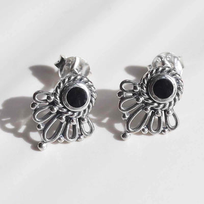 ML780O Sterling Silver Ornate Onyx Stud Earrings