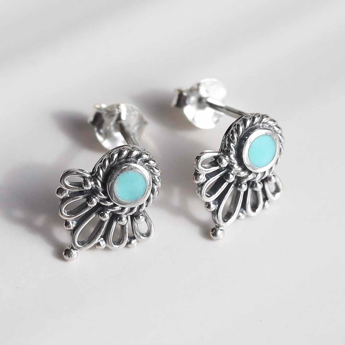 Sterling Silver Ornate Turquoise Stud Earrings