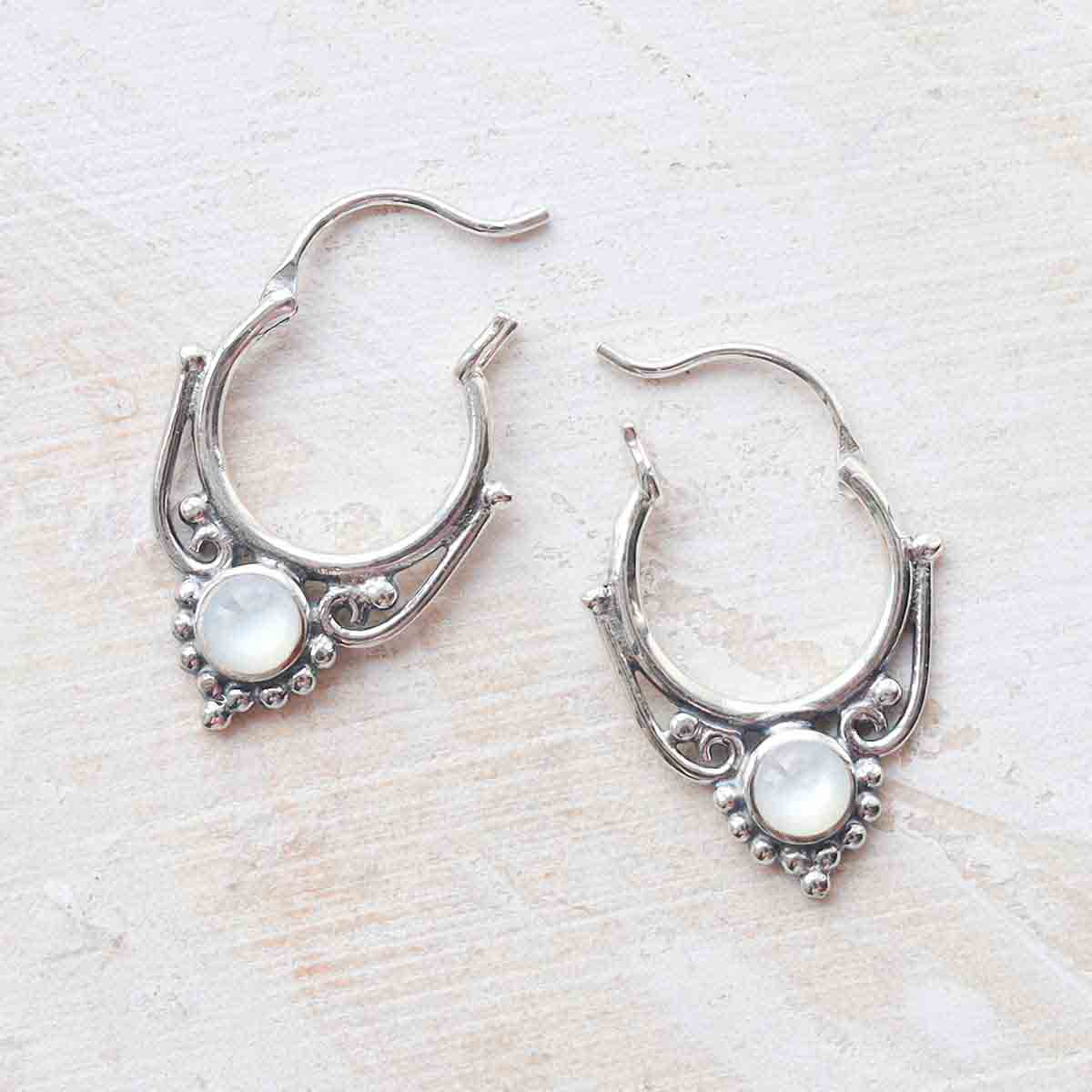 Sterling Silver Mother of Pearl Drop Hoop Earrings