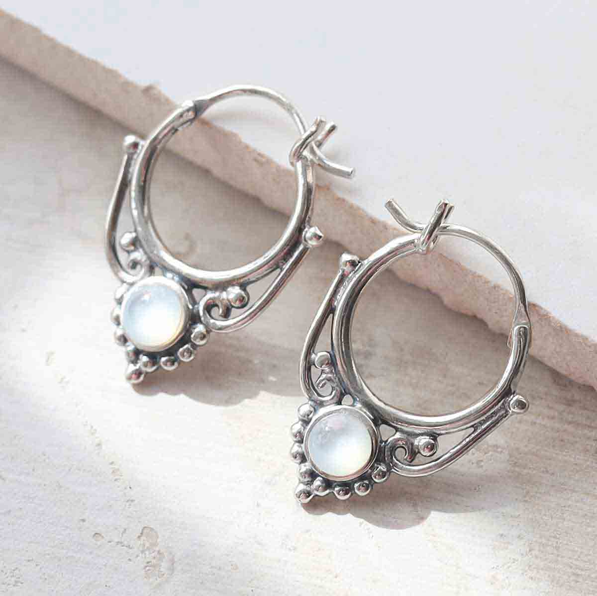 Sterling Silver Mother of Pearl Drop Hoop Earrings