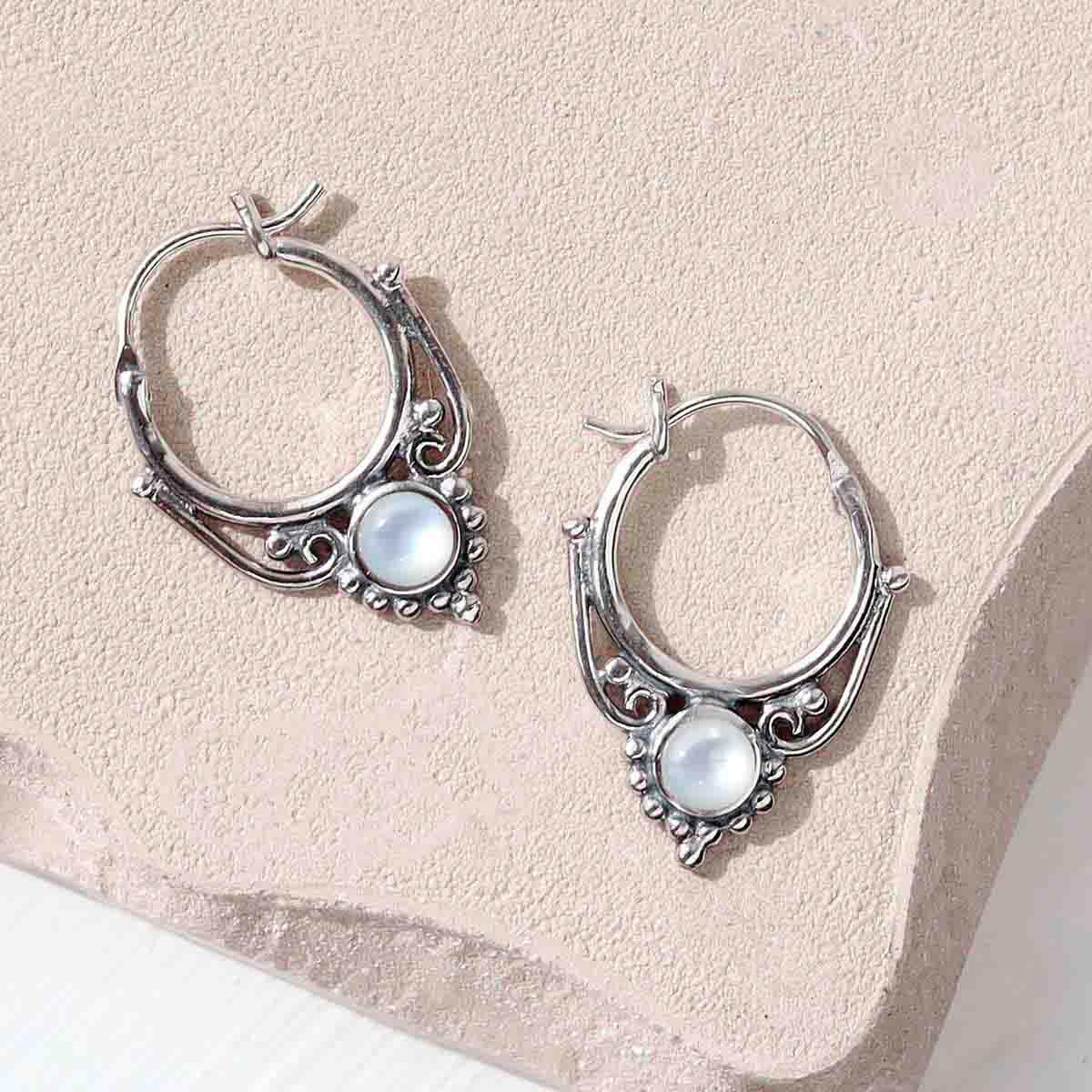 Sterling Silver Mother of Pearl Drop Hoop Earrings