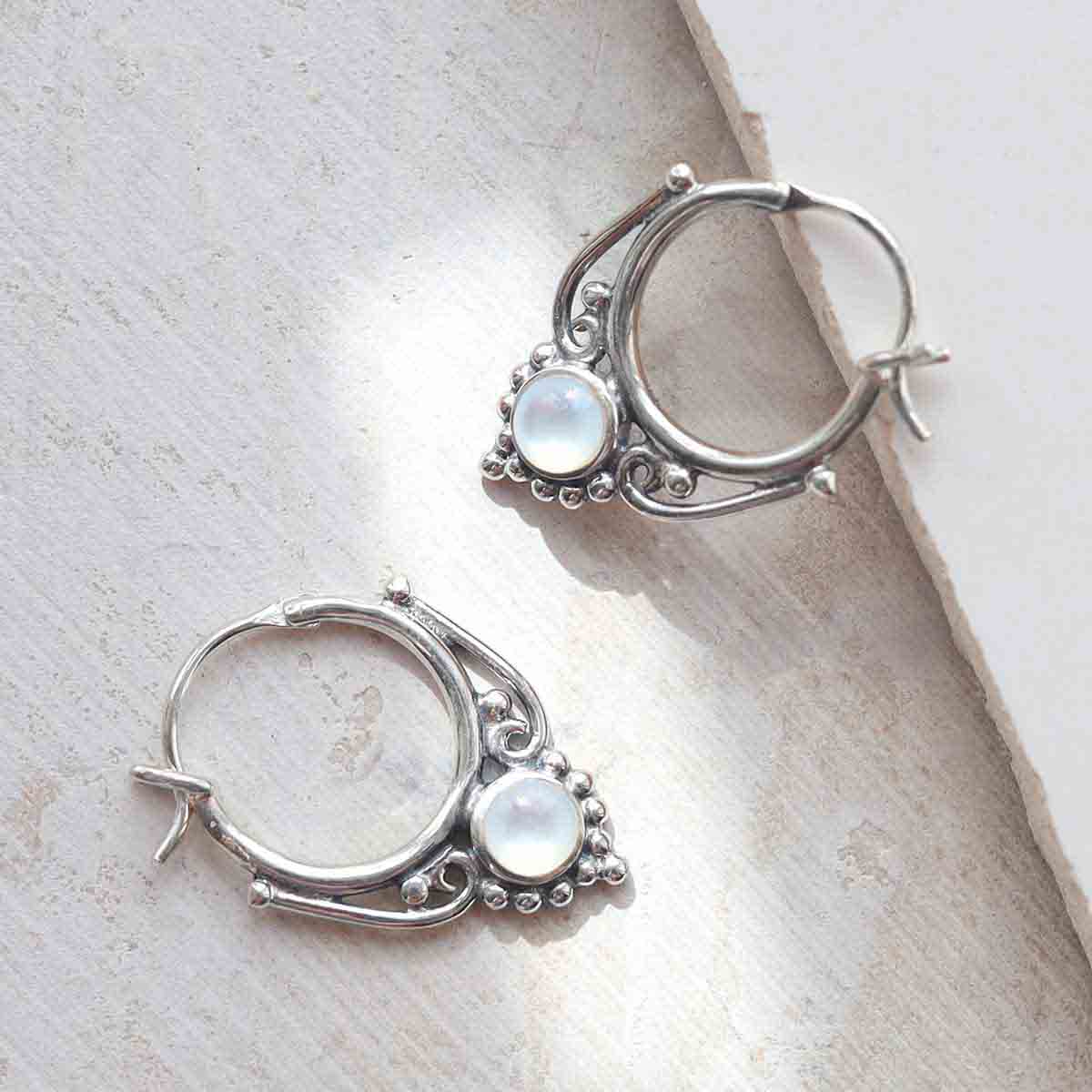 Sterling Silver Mother of Pearl Drop Hoop Earrings
