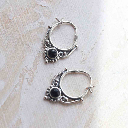 ML781O Sterling Silver Onyx Drop Hoop Earrings 2