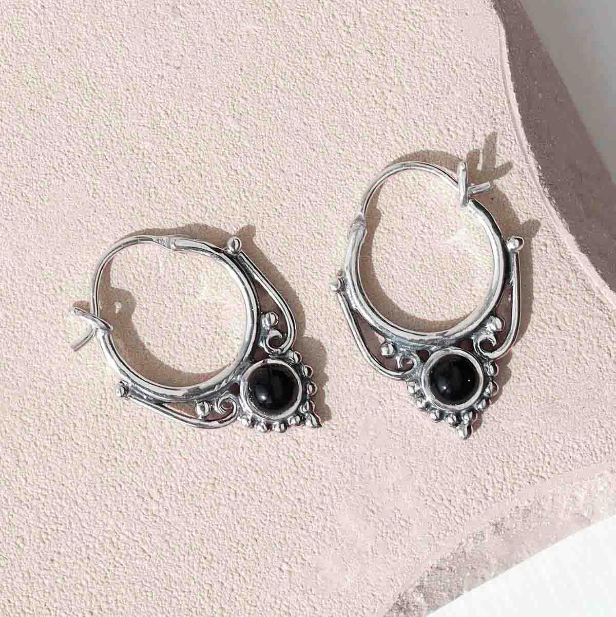 Sterling Silver Onyx Drop Hoop Earrings