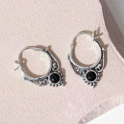 ML781O Sterling Silver Onyx Drop Hoop Earrings 3