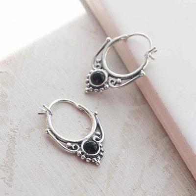 ML781O Sterling Silver Onyx Drop Hoop Earrings