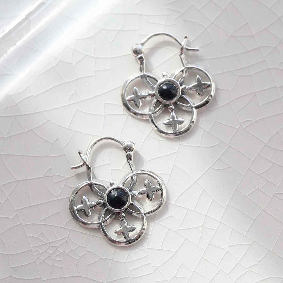 Sterling Silver Onyx Royal Hoop Earrings
