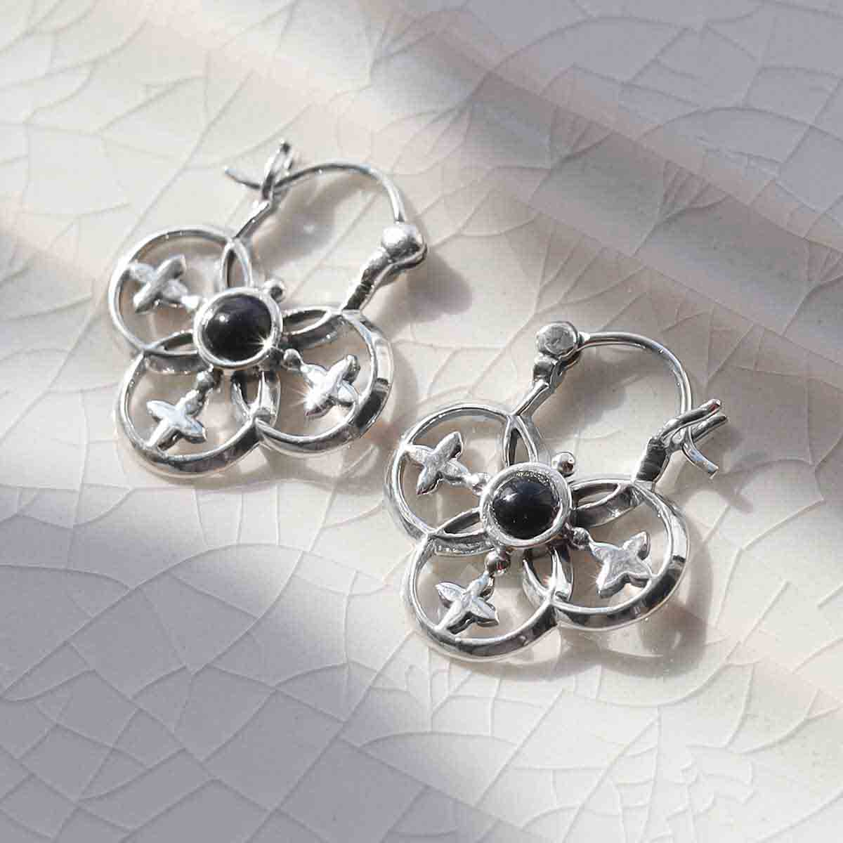 Sterling Silver Onyx Royal Hoop Earrings