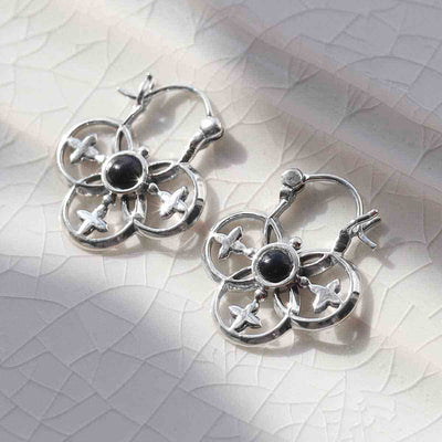 ML788O Sterling Silver Onyx Royal Hoop Earrings