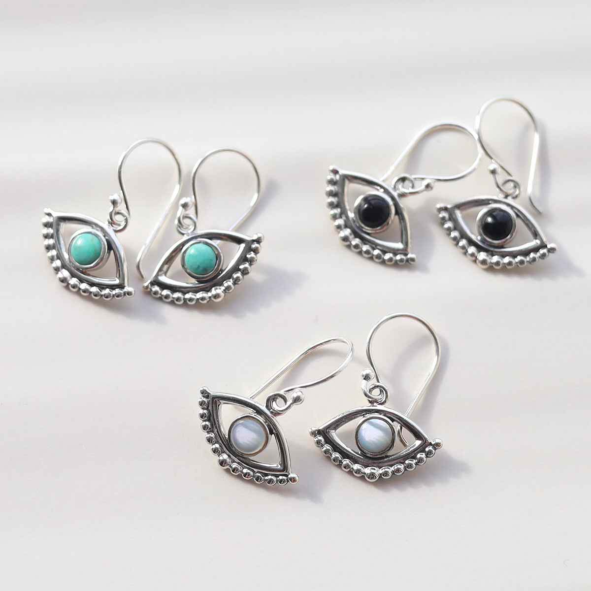 Sterling Silver Mother of Pearl Evil Eye Dangly Earrings